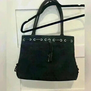 Dooney & Bourke Purse Black Canvas & Leather Tote DB Monogram Tassels